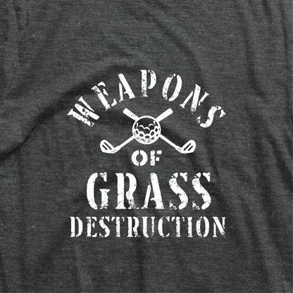 Funny golf shirt with 'Weapons of Grass Destruction' text and golf club design, perfect for golf team apparel.