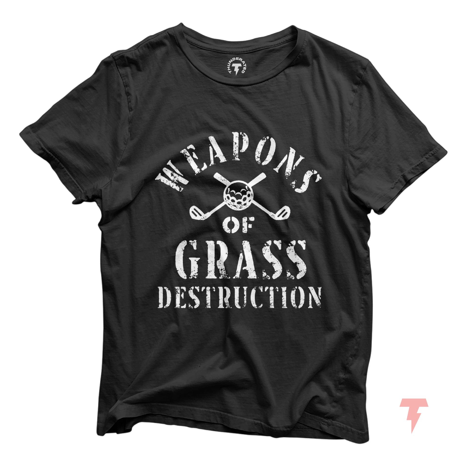 Funny golf shirt with 'Weapons of Grass Destruction' print, made from soft Airlume cotton, perfect for golfers seeking style.