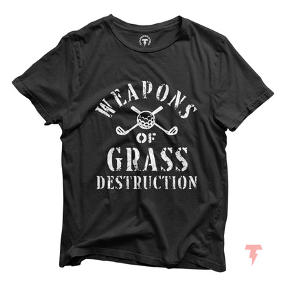 Funny golf shirt with 'Weapons of Grass Destruction' print, made from soft Airlume cotton, perfect for golfers seeking style.