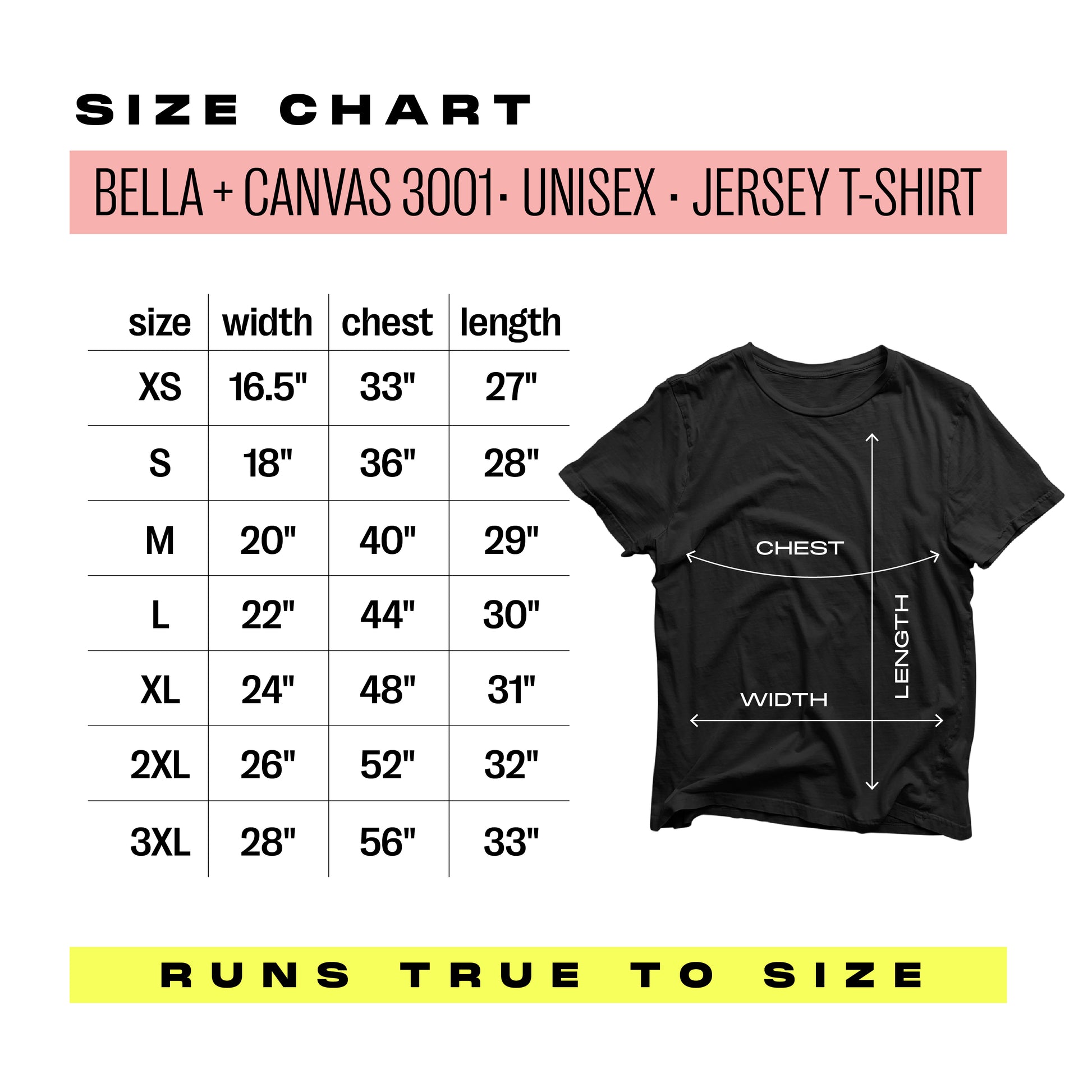 Size chart for Bella+Canvas 3001 unisex jersey t-shirt, showing dimensions for sizes XS to 3XL with a black t-shirt illustration.
