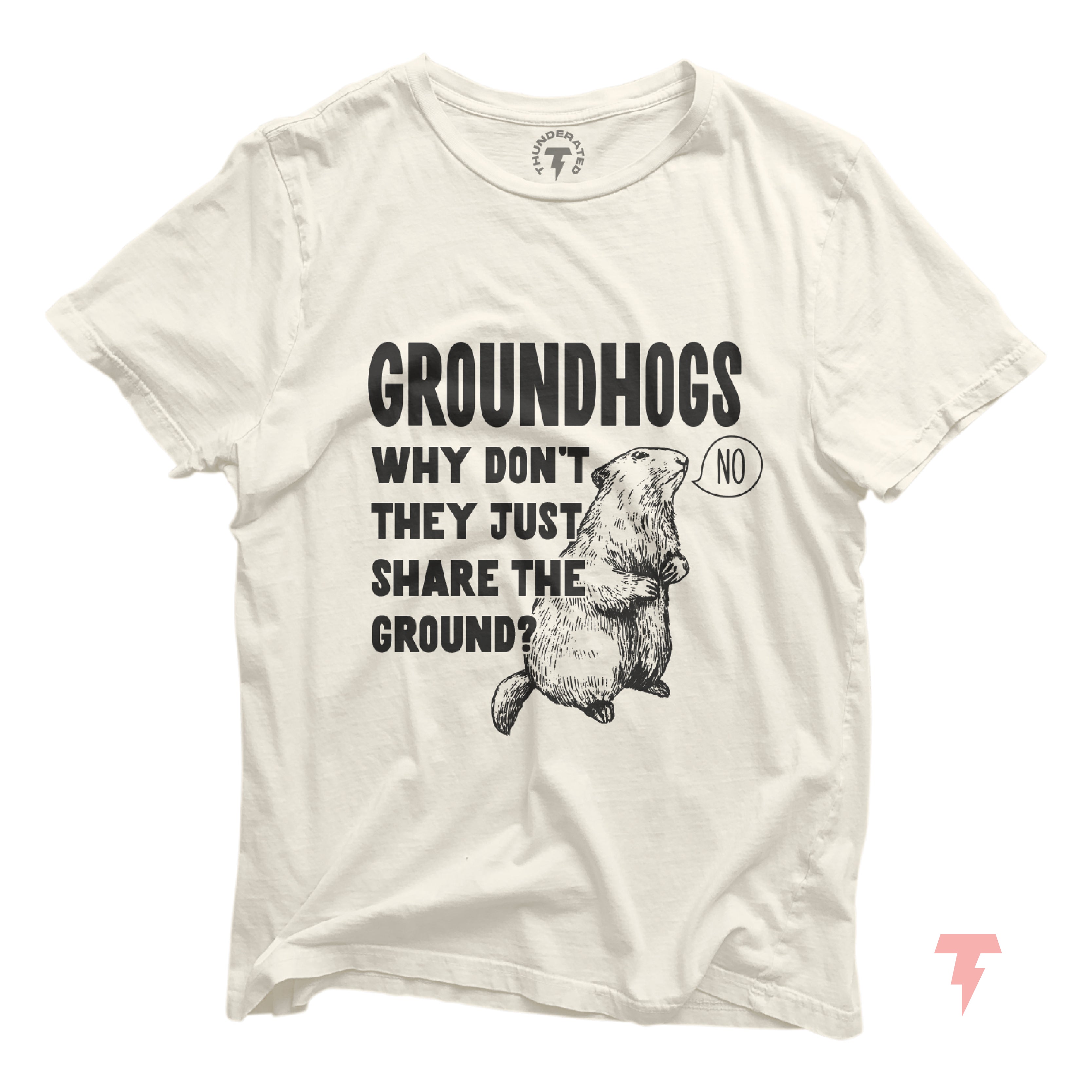 a white t - shirt with a picture of a groundhog saying groundhogs