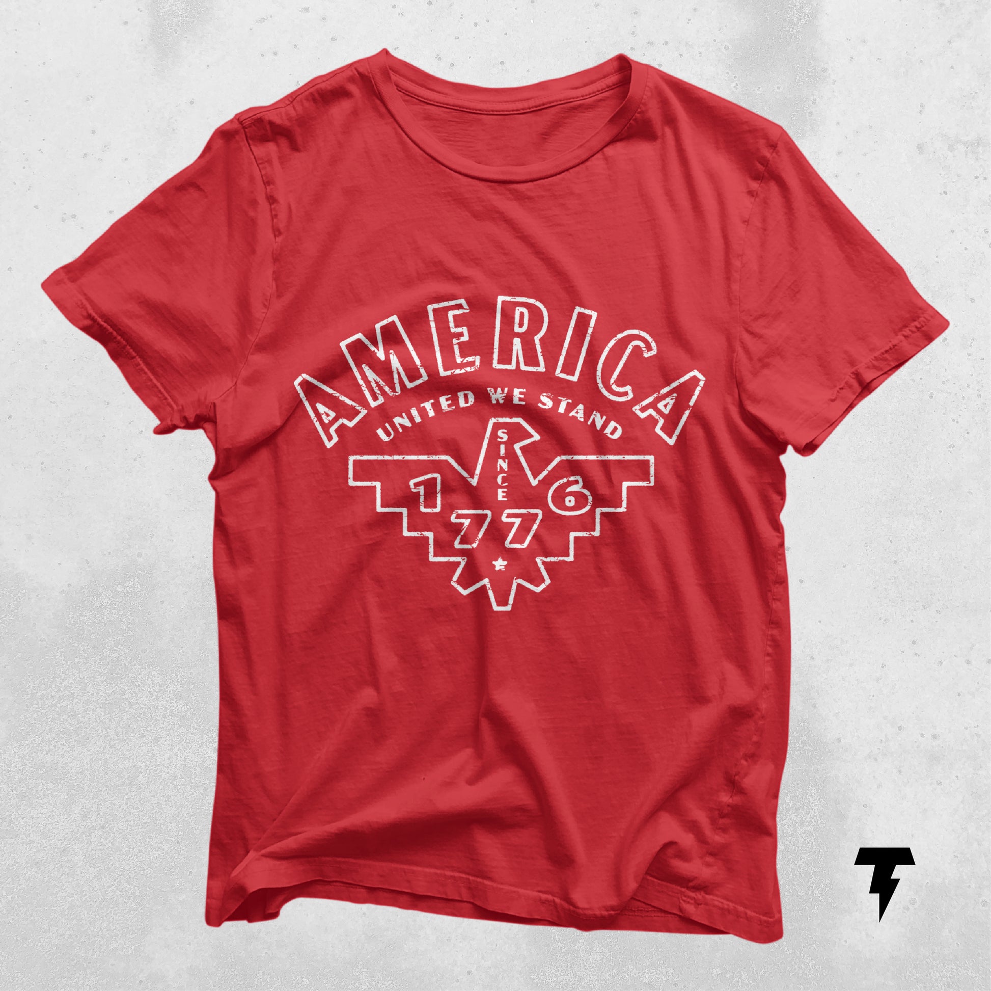 Red USA shirt with "America - United We Stand Since 1776" design, perfect for Fourth of July and Memorial Day celebrations.