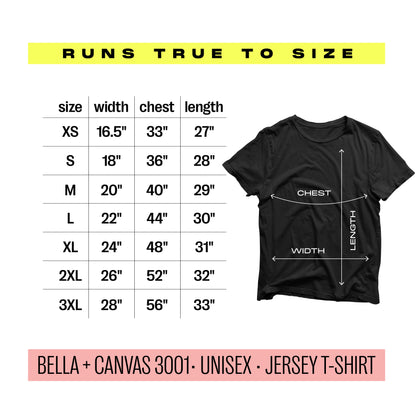 Size chart for Bella + Canvas 3001 unisex jersey t-shirt with chest and length measurements for XS to 3XL.