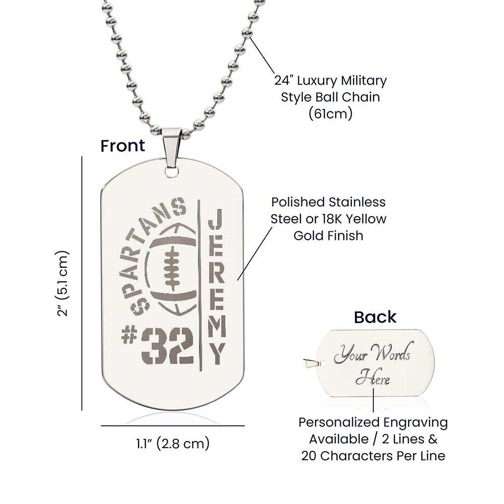 Personalized Football Player Dog Tag with Engraved Message