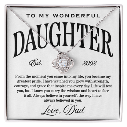 Love Knot Pendant Necklace, From Dad to Daughter, Customizable Year of Birth, Believe in Yourself