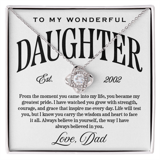 Love Knot Pendant Necklace, From Dad to Daughter, Customizable Year of Birth, Believe in Yourself