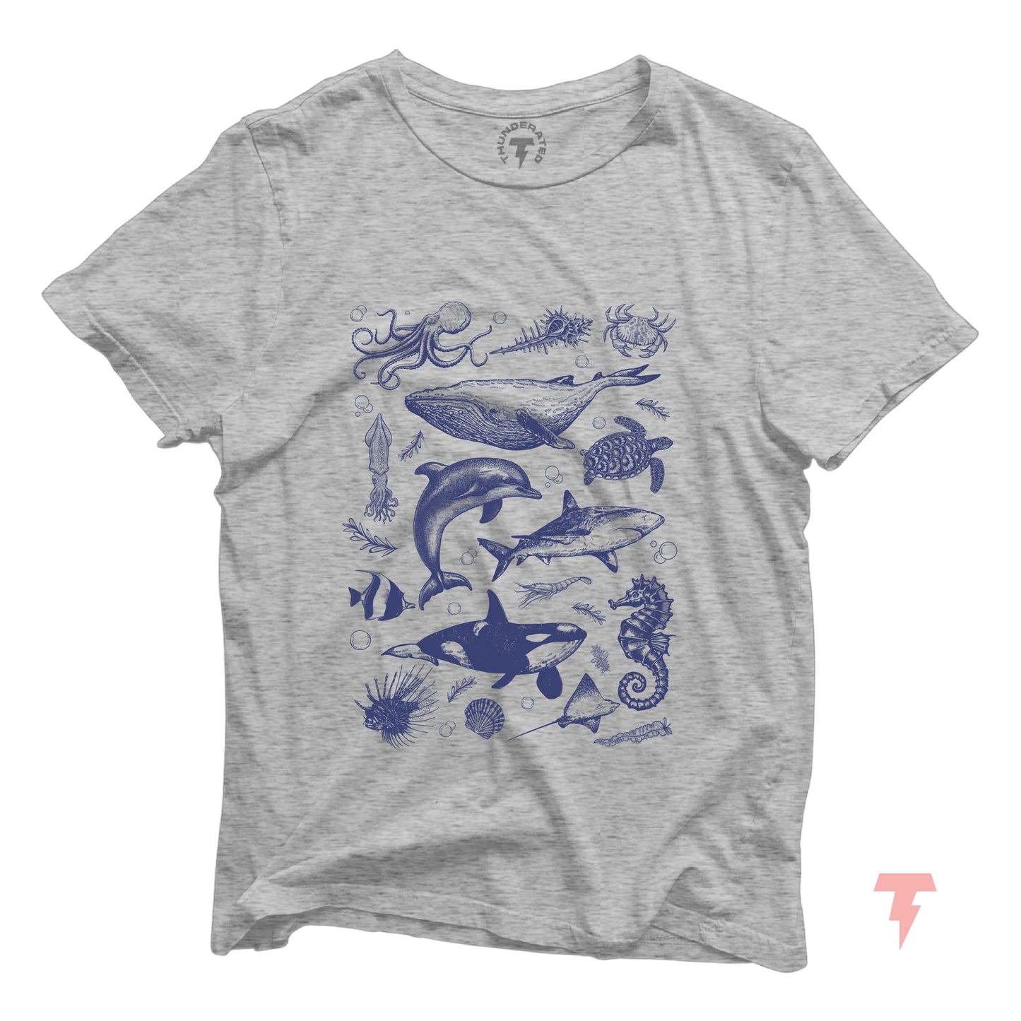 Vintage Ocean Life Shirt featuring orca, whale, dolphin, and shark prints on gray cotton for casual or semi-formal settings.