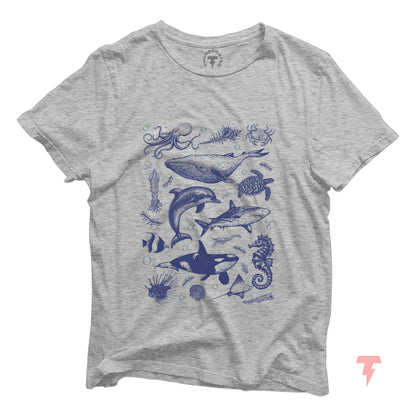 Vintage Ocean Life Shirt featuring orca, whale, dolphin, and shark prints on gray cotton for casual or semi-formal settings.