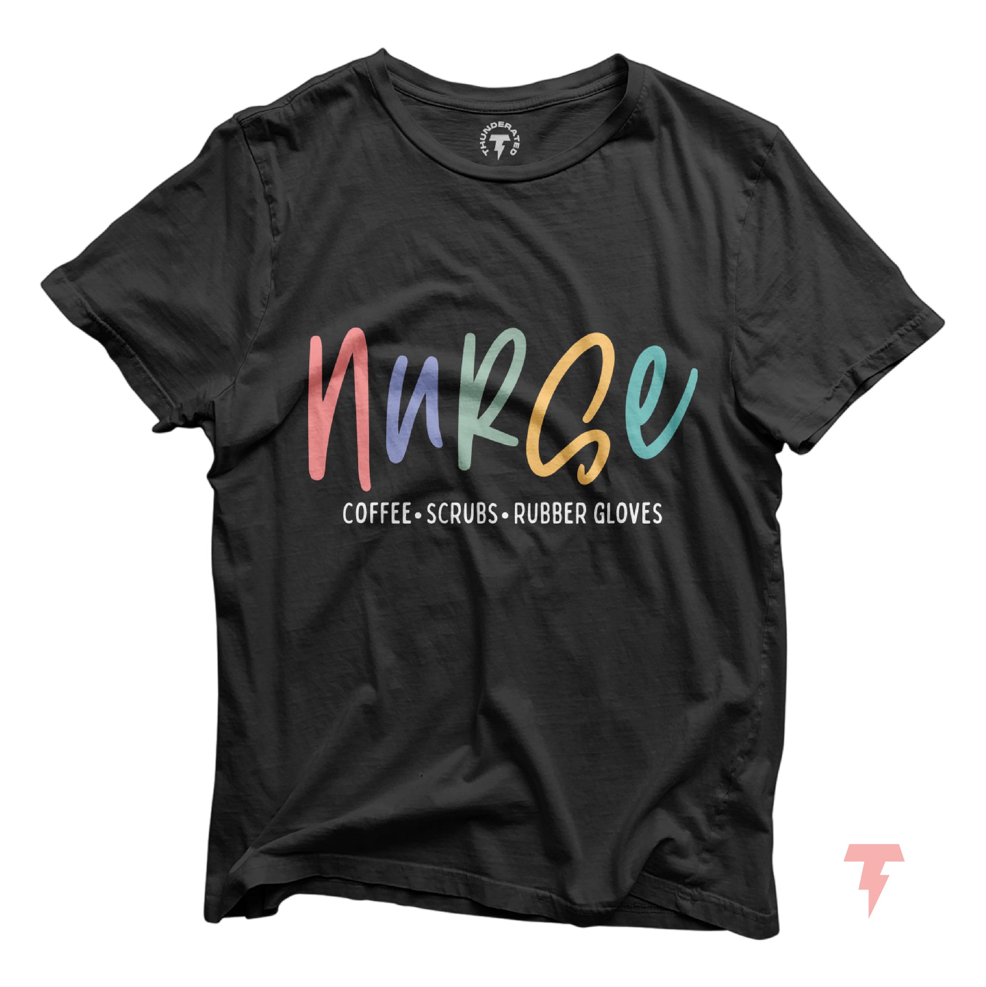 Black T-shirt with colorful 'Nurse' text and 'Coffee Scrubs Rubber Gloves' print, ideal for coffee-loving nurses and nursing students.