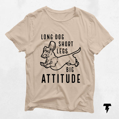 Beige dachshund shirt with 'Long Dog Short Legs Big Attitude' print, perfect doxie gift for dog moms and Wiener dog fans.