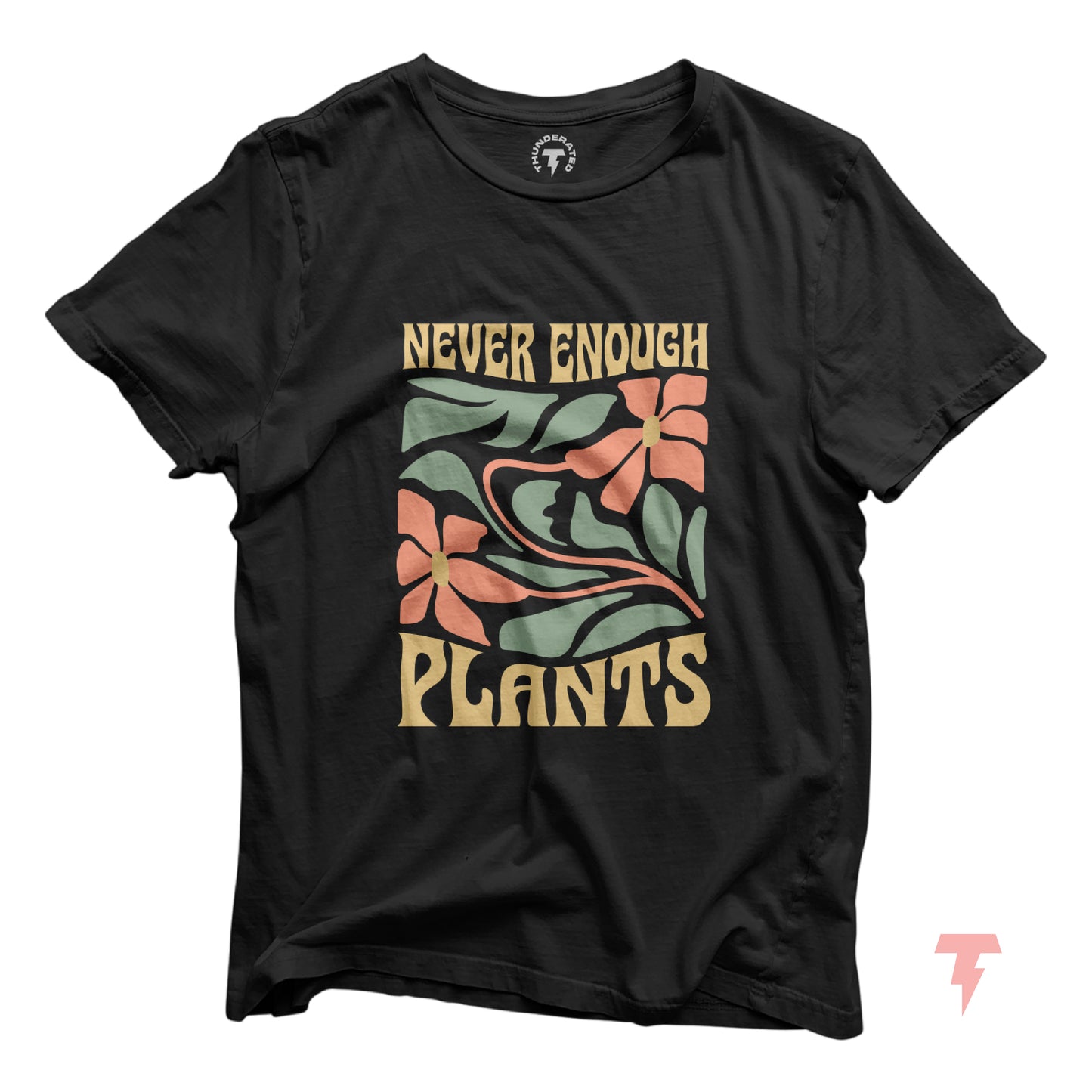 Black shirt with 'Never Enough Plants' in bold text, adorned with floral graphics, perfect for plant lovers and gardening enthusiasts.
