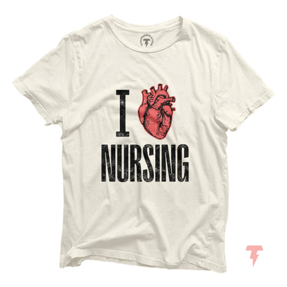 I Love Heart Nursing Shirt with red heart graphic, made from breathable cotton, ideal for nurses and medical professionals.