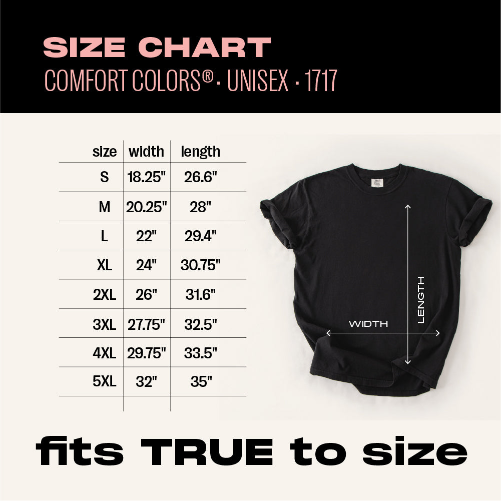 The image is a size chart for a black t-shirt, providing measurements for different sizes ranging from S to L.