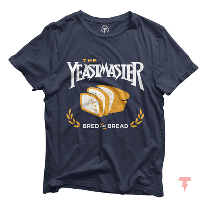 Yeastmaster funny bread baking shirt with bread illustration, perfect gift for bakers and baking enthusiasts, dark casual tee.