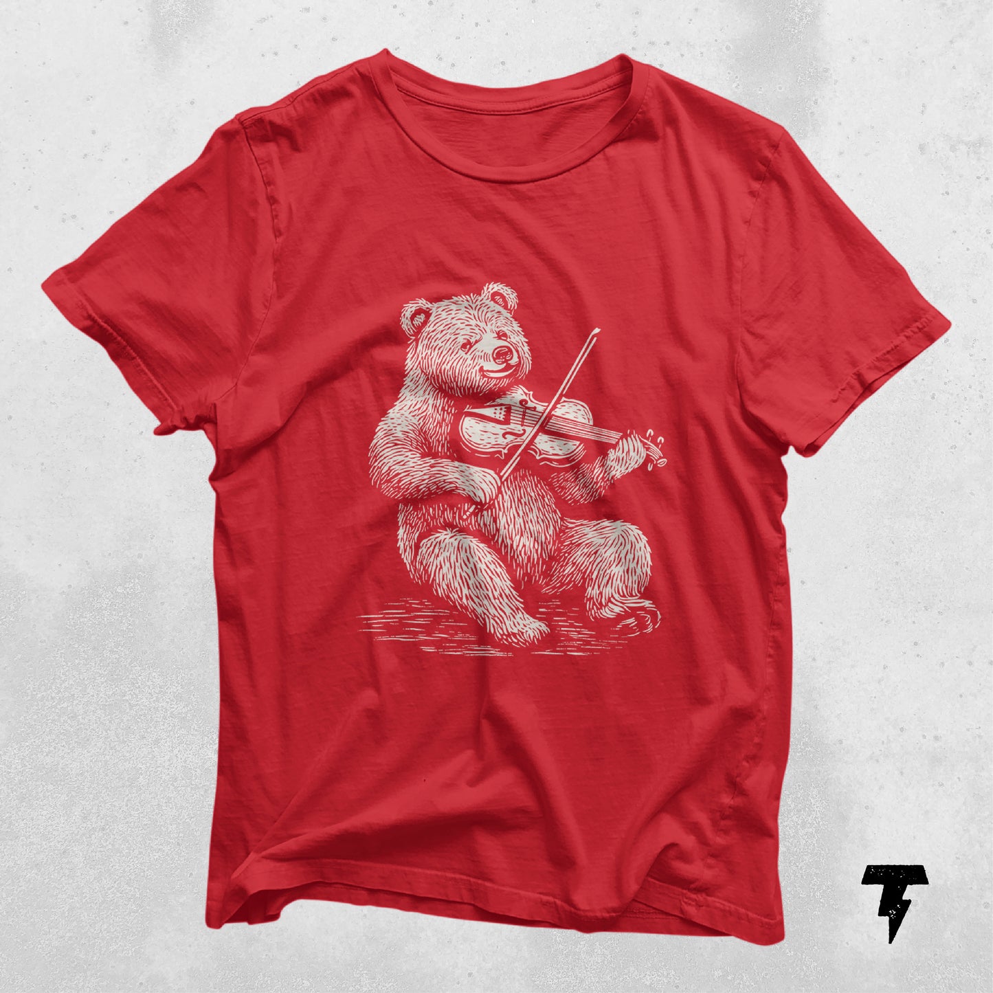 Red t-shirt featuring a bear playing violin graphic, perfect for music teachers, violin players, and music lovers.