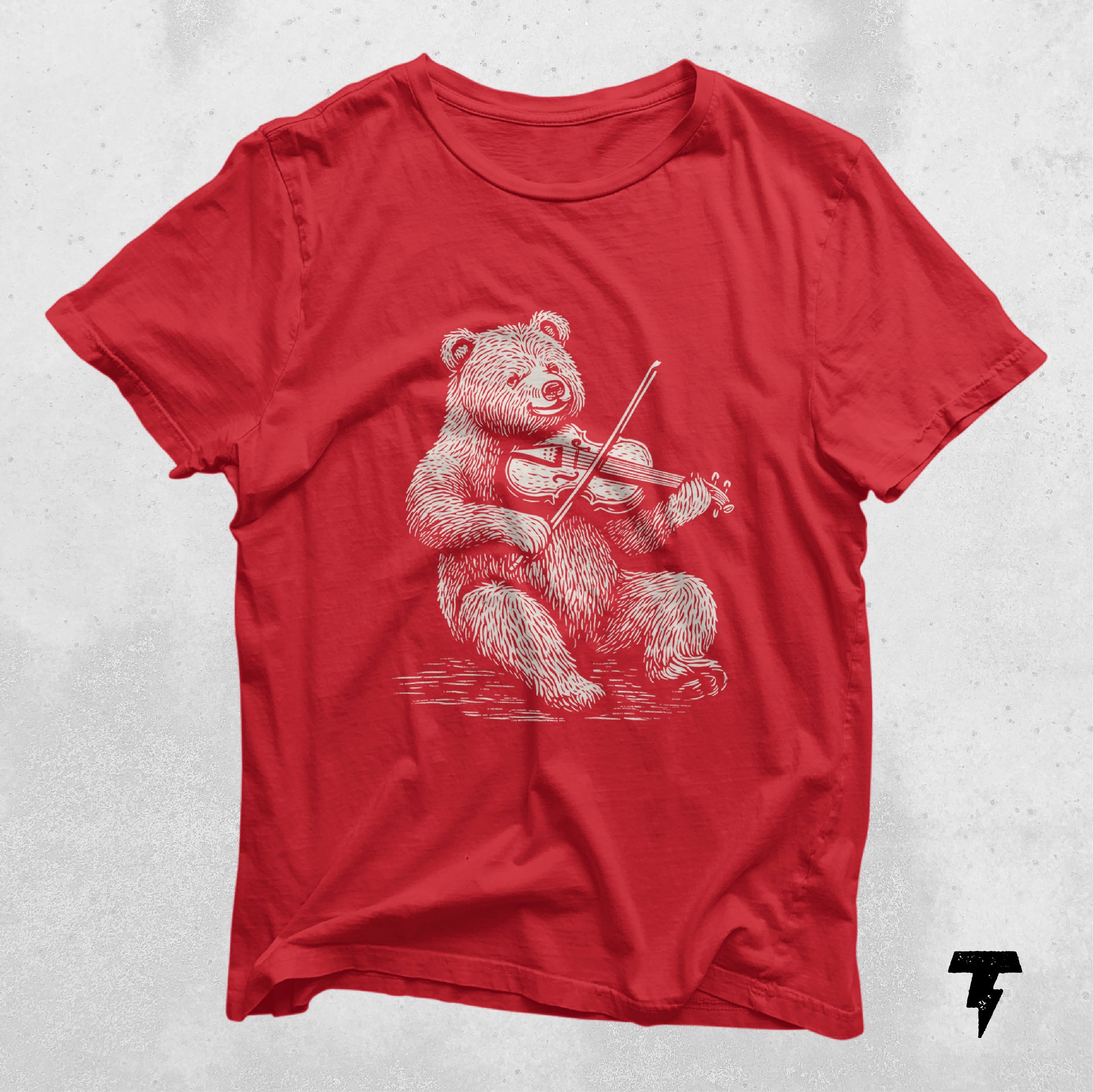 Red t-shirt featuring a bear playing violin graphic, perfect for music teachers, violin players, and music lovers.
