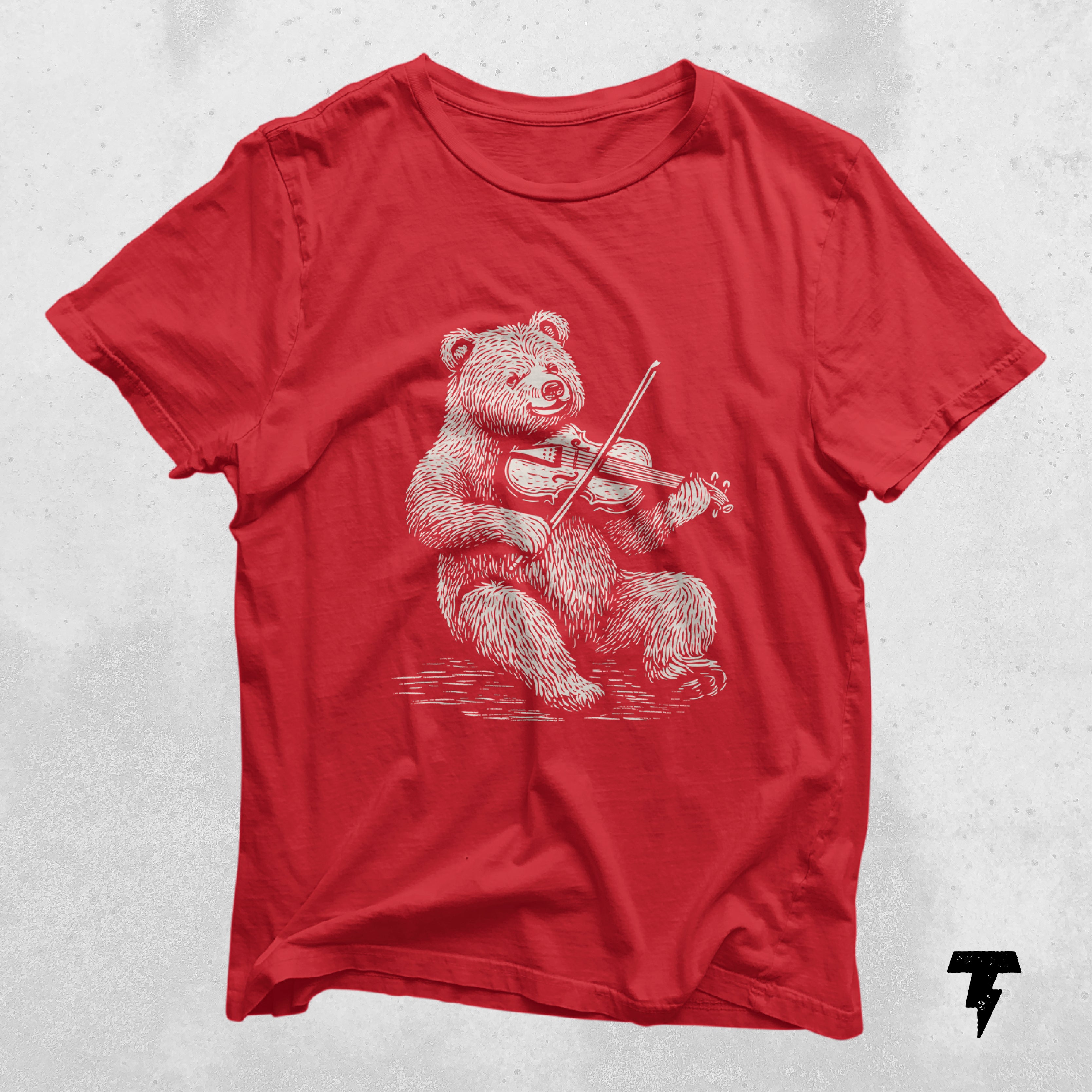 a red t - shirt with a bear playing a violin