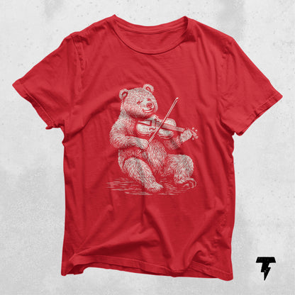 Red t-shirt featuring a bear playing violin graphic, perfect for music teachers, violin players, and music lovers.