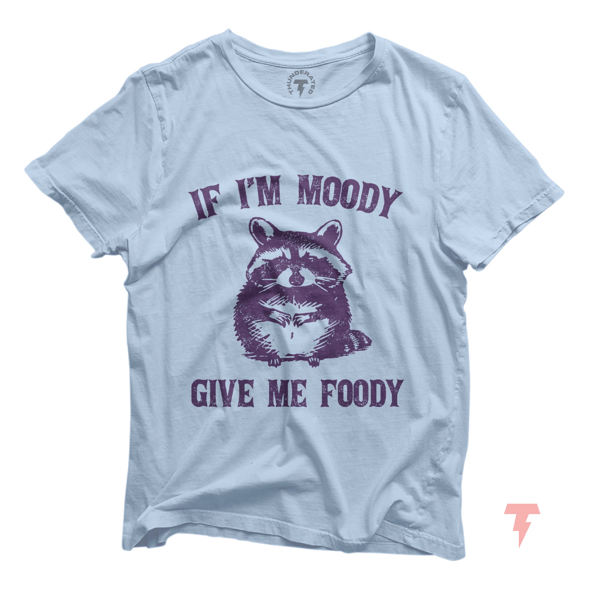 Light blue t-shirt with funny raccoon illustration and 'If I'm Moody Give Me Foody' text for foodie and chef gift.