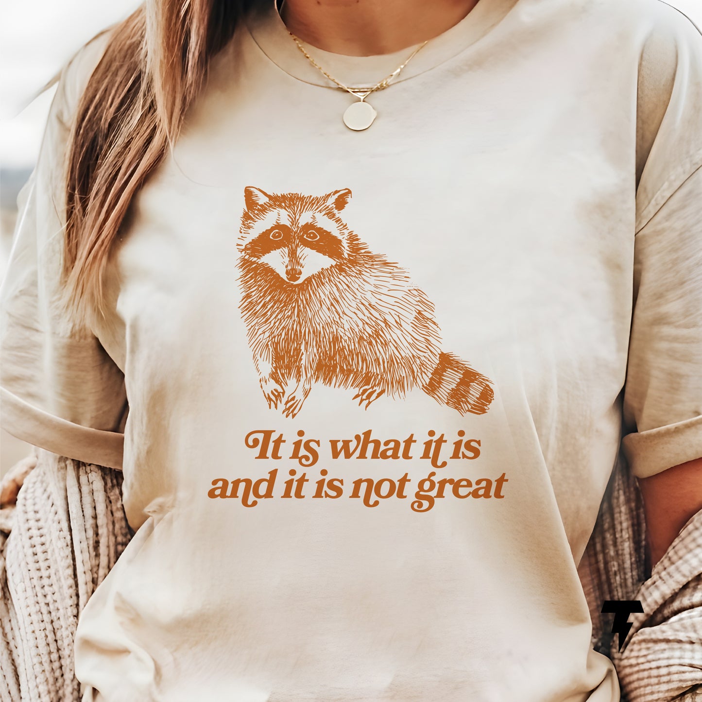Funny t-shirt with raccoon graphic and 'It is what it is and it is not great' slogan, Y2K style, casual wear.