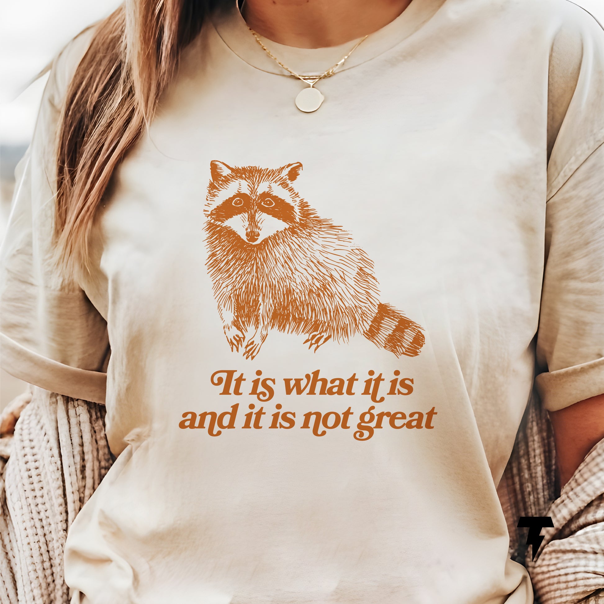 Funny t-shirt with raccoon graphic and 'It is what it is and it is not great' slogan, Y2K style, casual wear.