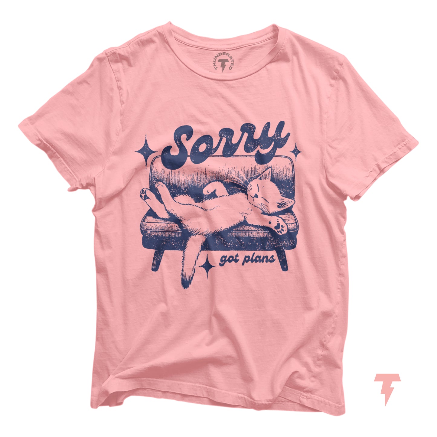 Pink cat shirt with 'Sorry, got plans' text, featuring a cat lounging on a sofa. Ideal gift for cat lovers and introverts.