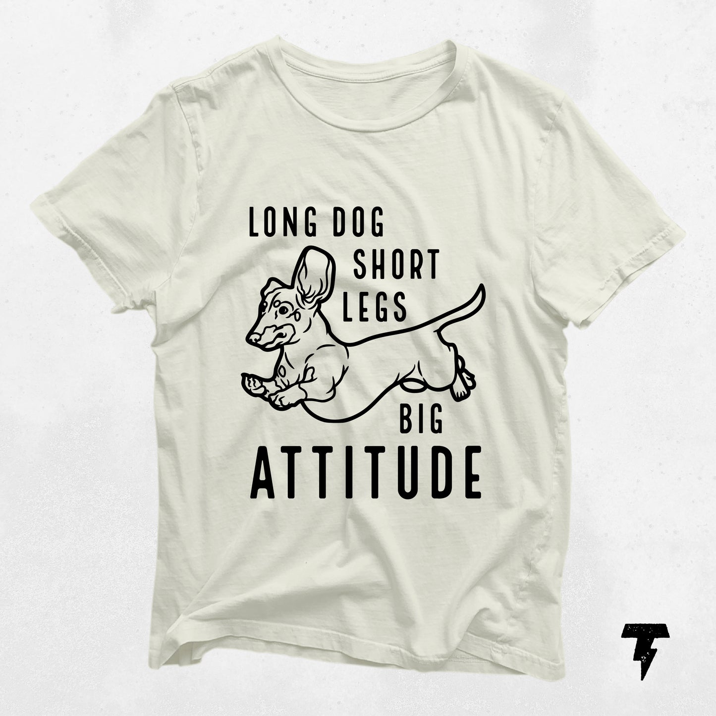 Big Attitude Dachshund Shirt with sketch of dachshund and fun text, ideal gift for dog moms, 100% cotton, casual wear.
