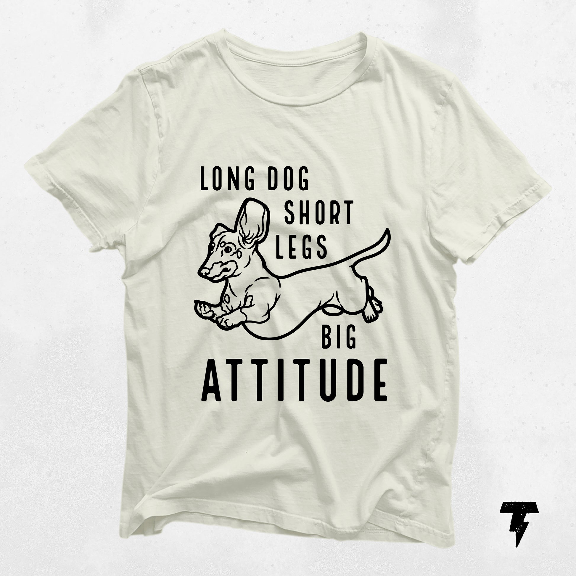 Big Attitude Dachshund Shirt with sketch of dachshund and fun text, ideal gift for dog moms, 100% cotton, casual wear.
