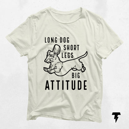 Big Attitude Dachshund Shirt with sketch of dachshund and fun text, ideal gift for dog moms, 100% cotton, casual wear.