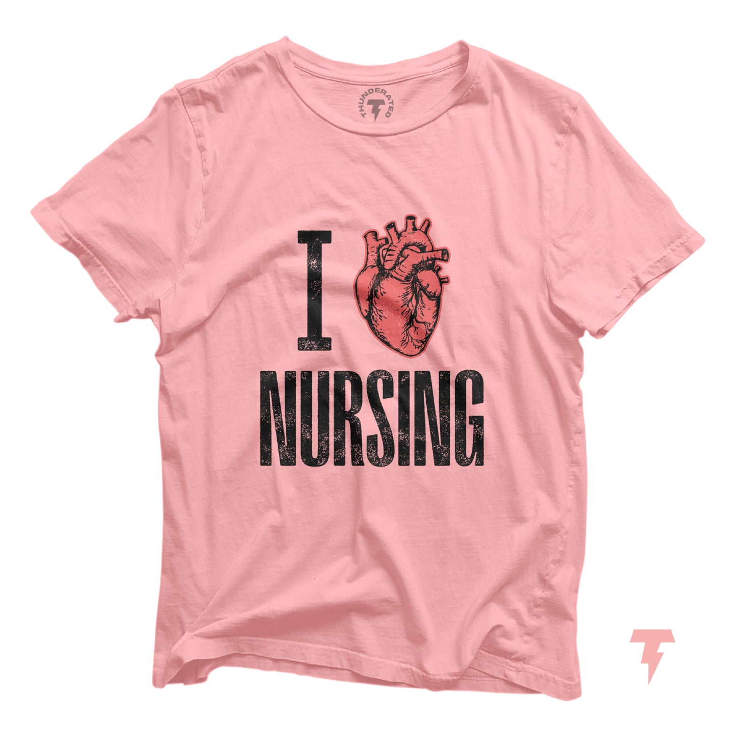 Pink 'I Love Nursing' t-shirt featuring a heart graphic, made with 100% cotton, perfect for nurses and medical professionals.