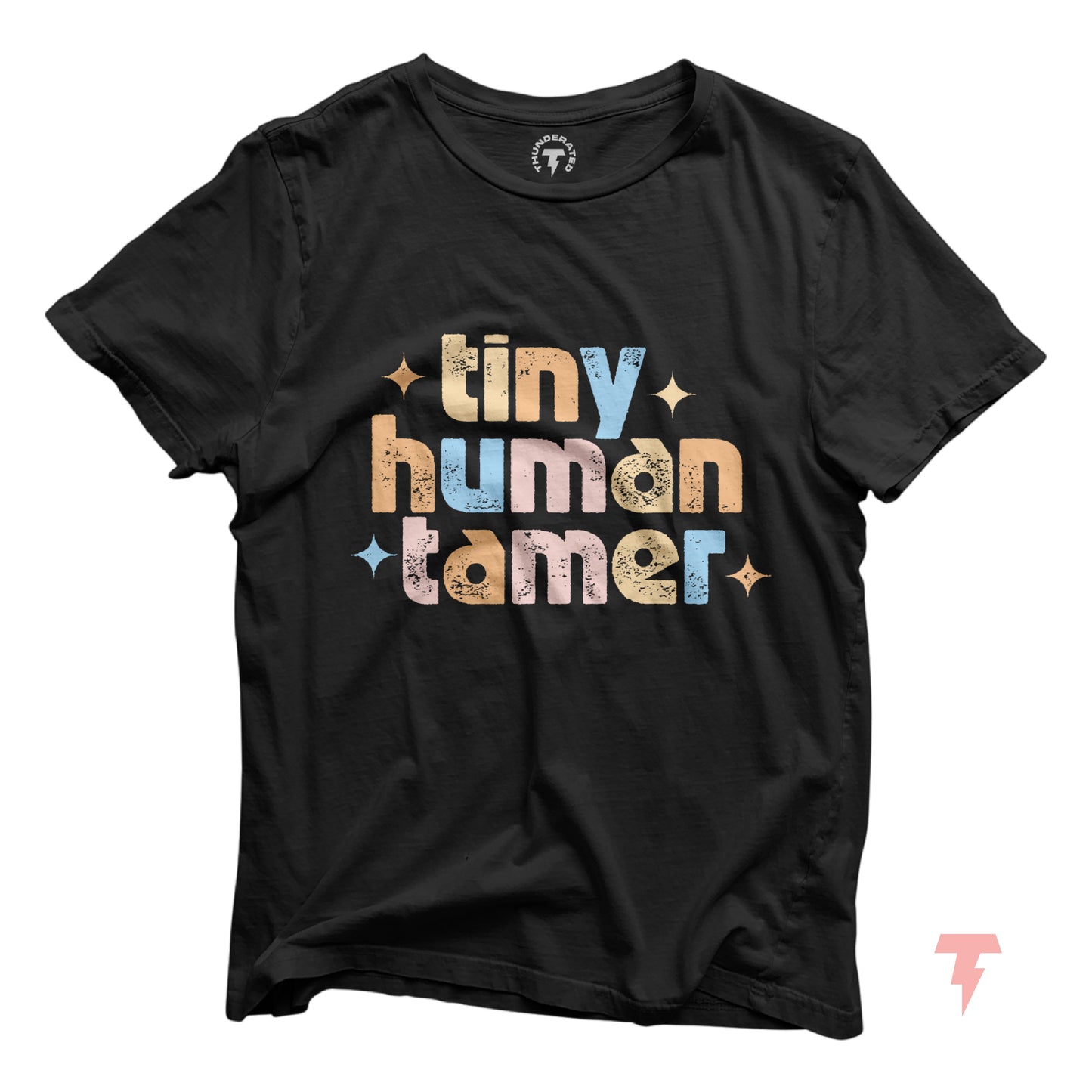 Black "Tiny Human Tamer" t-shirt with colorful text, perfect for pre-k, kindergarten, and daycare teachers.