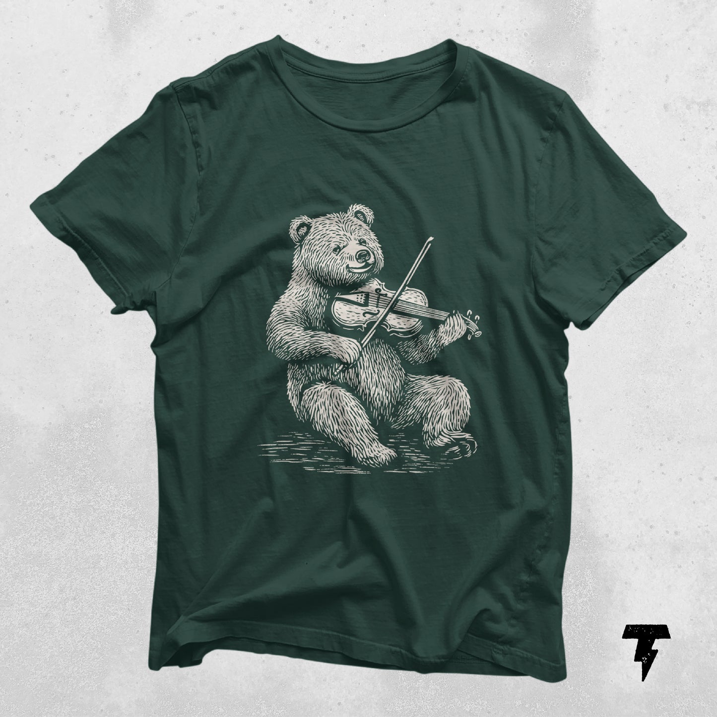 Dark green t-shirt featuring a cute bear playing a violin, ideal gift for violinists and music teachers, unique musician apparel.