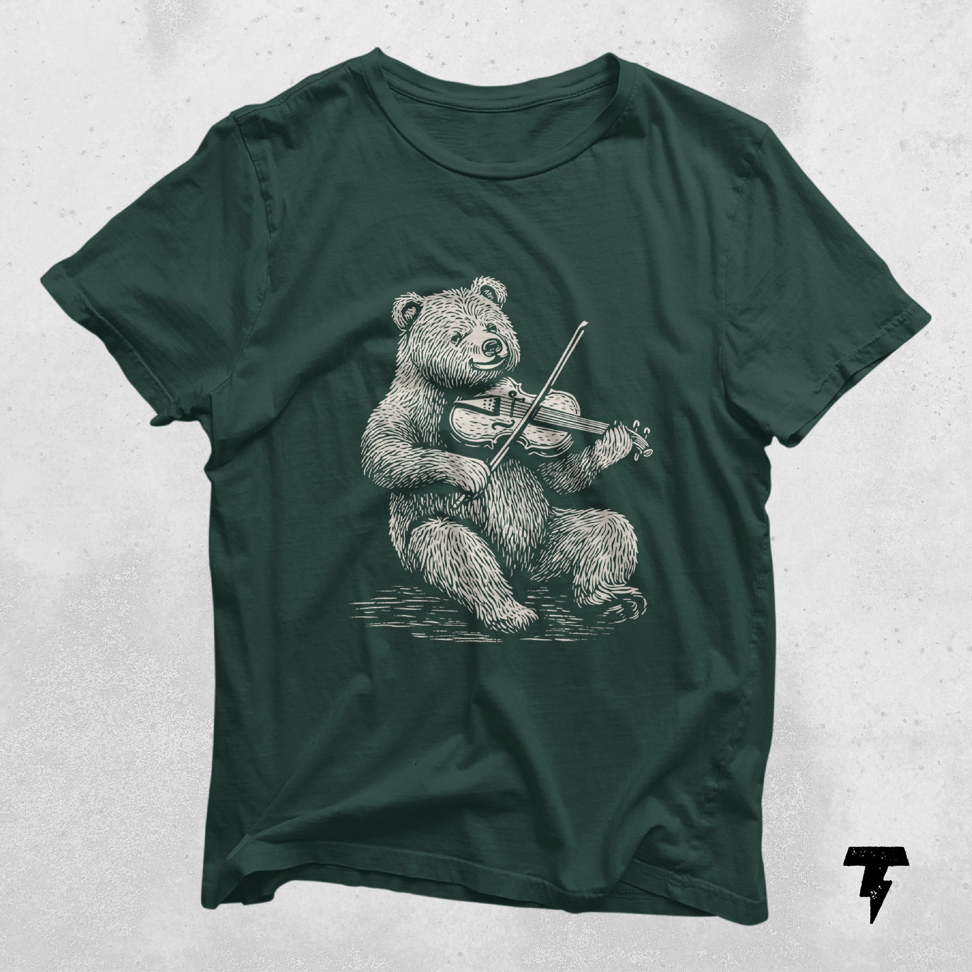 Dark green t-shirt featuring a cute bear playing a violin, ideal gift for violinists and music teachers, unique musician apparel.