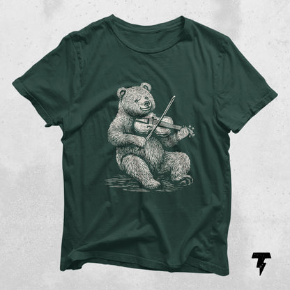 Dark green t-shirt featuring a cute bear playing a violin, ideal gift for violinists and music teachers, unique musician apparel.