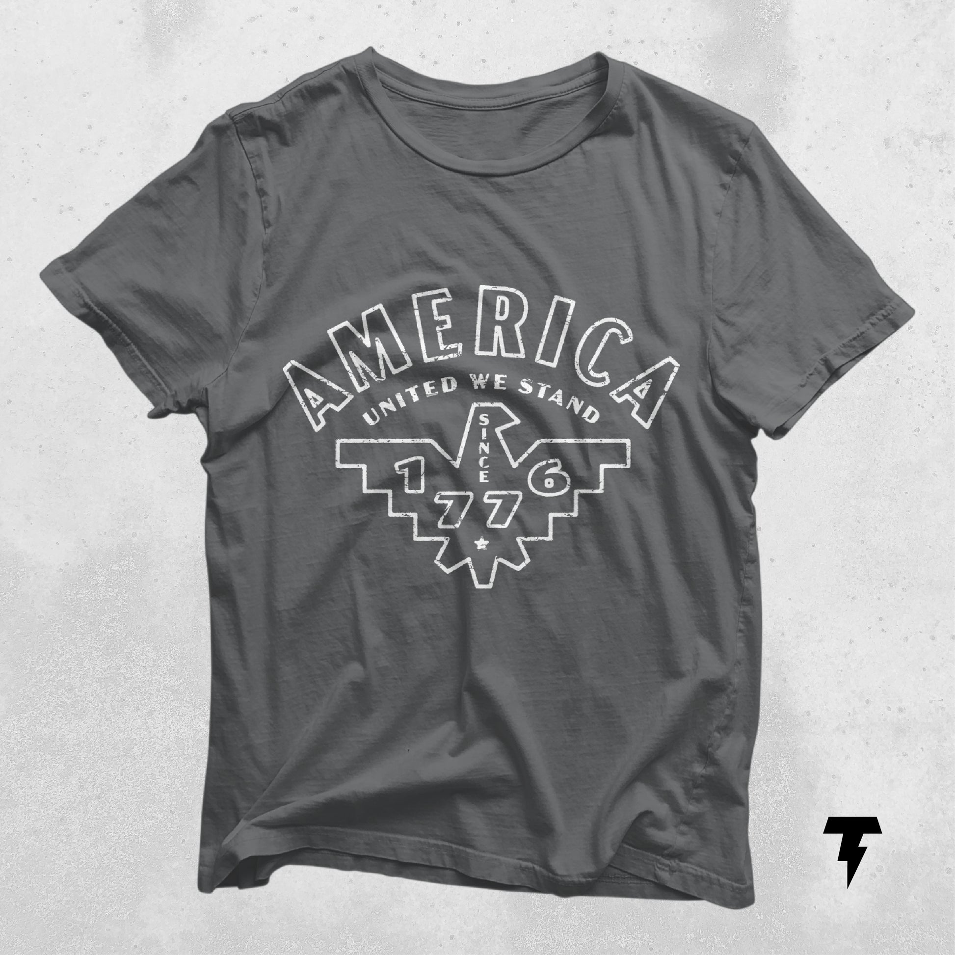 Patriotic gray 'America United We Stand Since 1776' shirt, ideal for Fourth of July and Memorial Day, 100% cotton.