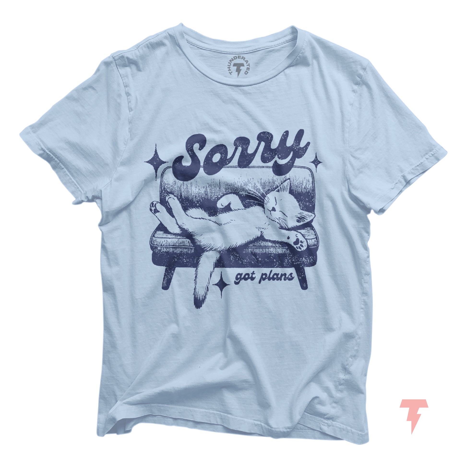 "Sorry, Got Plans" funny cat T-shirt, gift for cat lovers, featuring a relaxed cat drawing on a sofa. Ideal for introverts and cat fans.