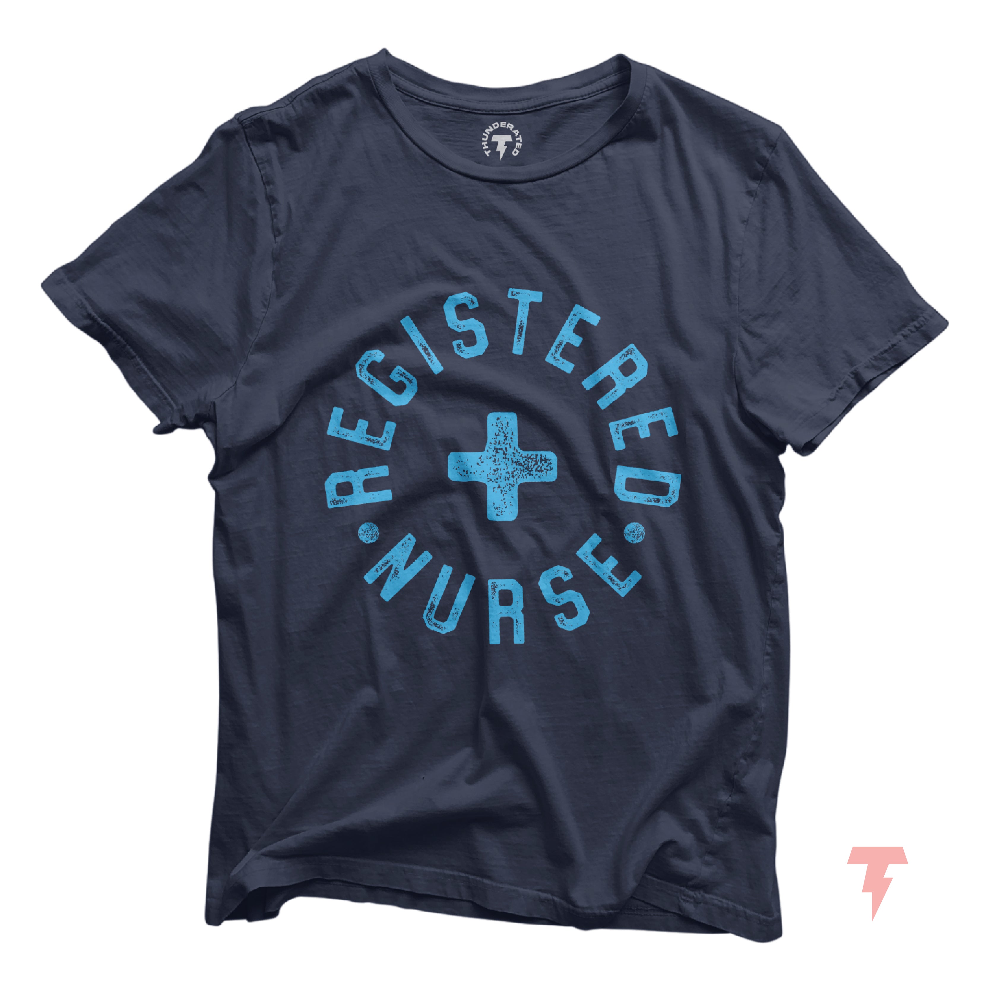 a blue t - shirt with a cross on it