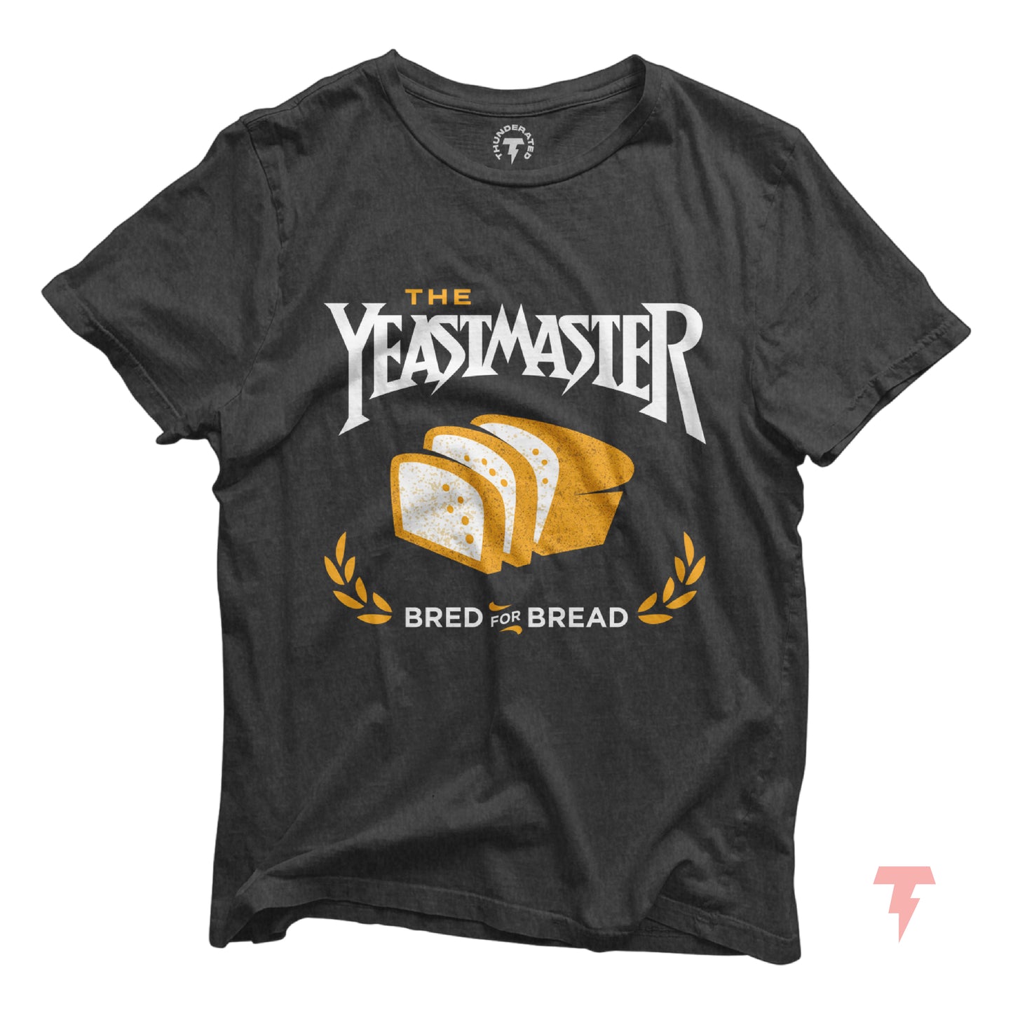 "Yeastmaster Funny Bread Baking Shirt with Bread Illustration and 'Bred for Bread' slogan on black tee"