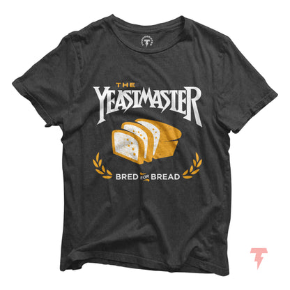 "Yeastmaster Funny Bread Baking Shirt with Bread Illustration and 'Bred for Bread' slogan on black tee"