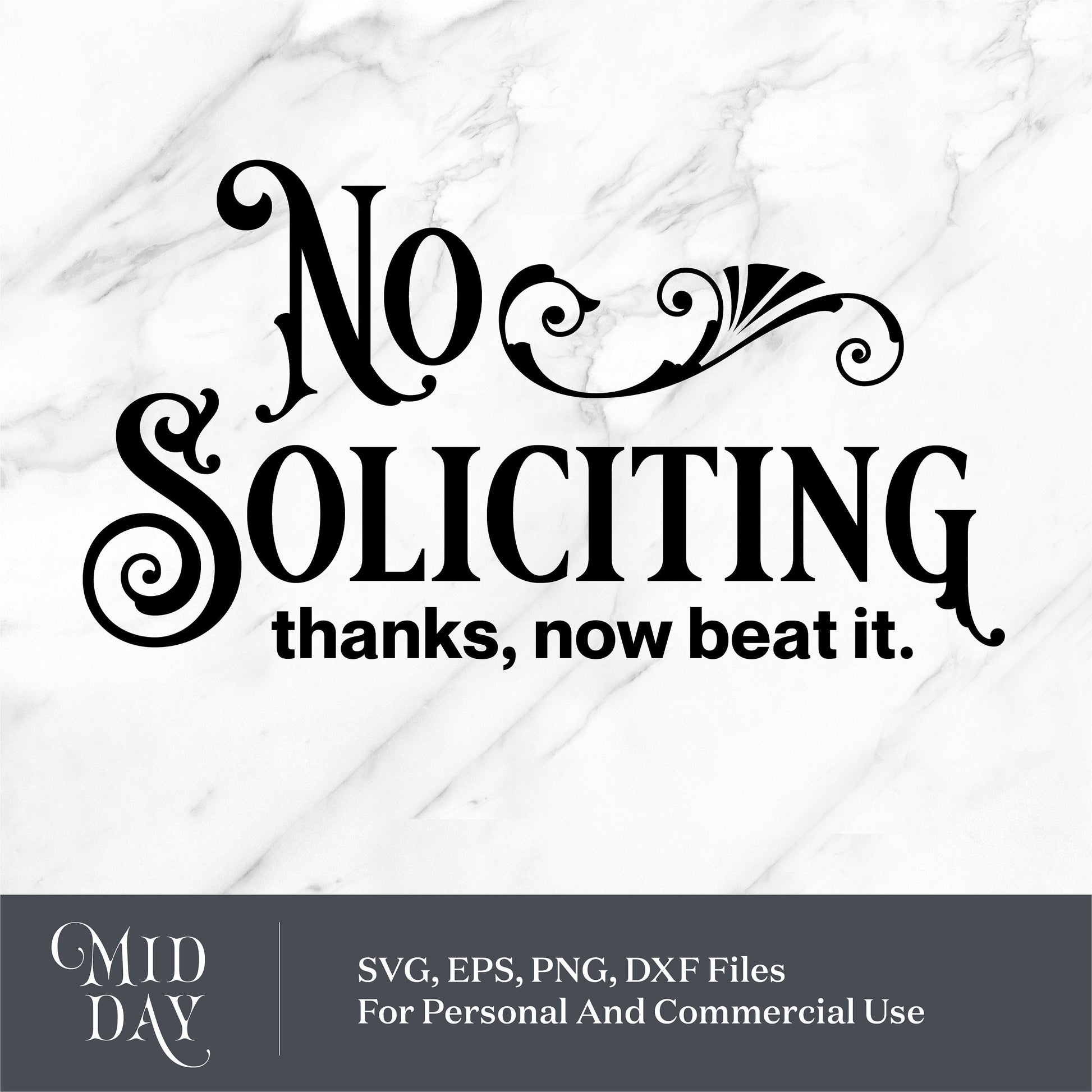 "No Soliciting" door sign SVG with decorative text on marble background, available in SVG, EPS, PNG, DXF formats for Cricut and Silhouette.