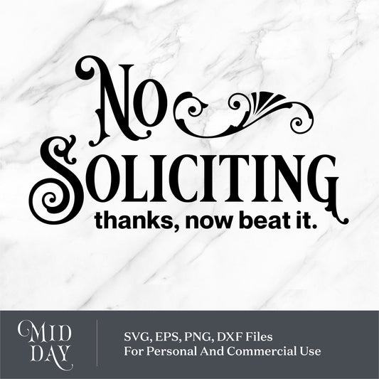 "No Soliciting" door sign SVG with decorative text on marble background, available in SVG, EPS, PNG, DXF formats for Cricut and Silhouette.