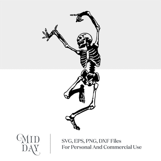 Dancing skeleton SVG design for Halloween, available in SVG, EPS, PNG, and DXF formats for personal and commercial use.