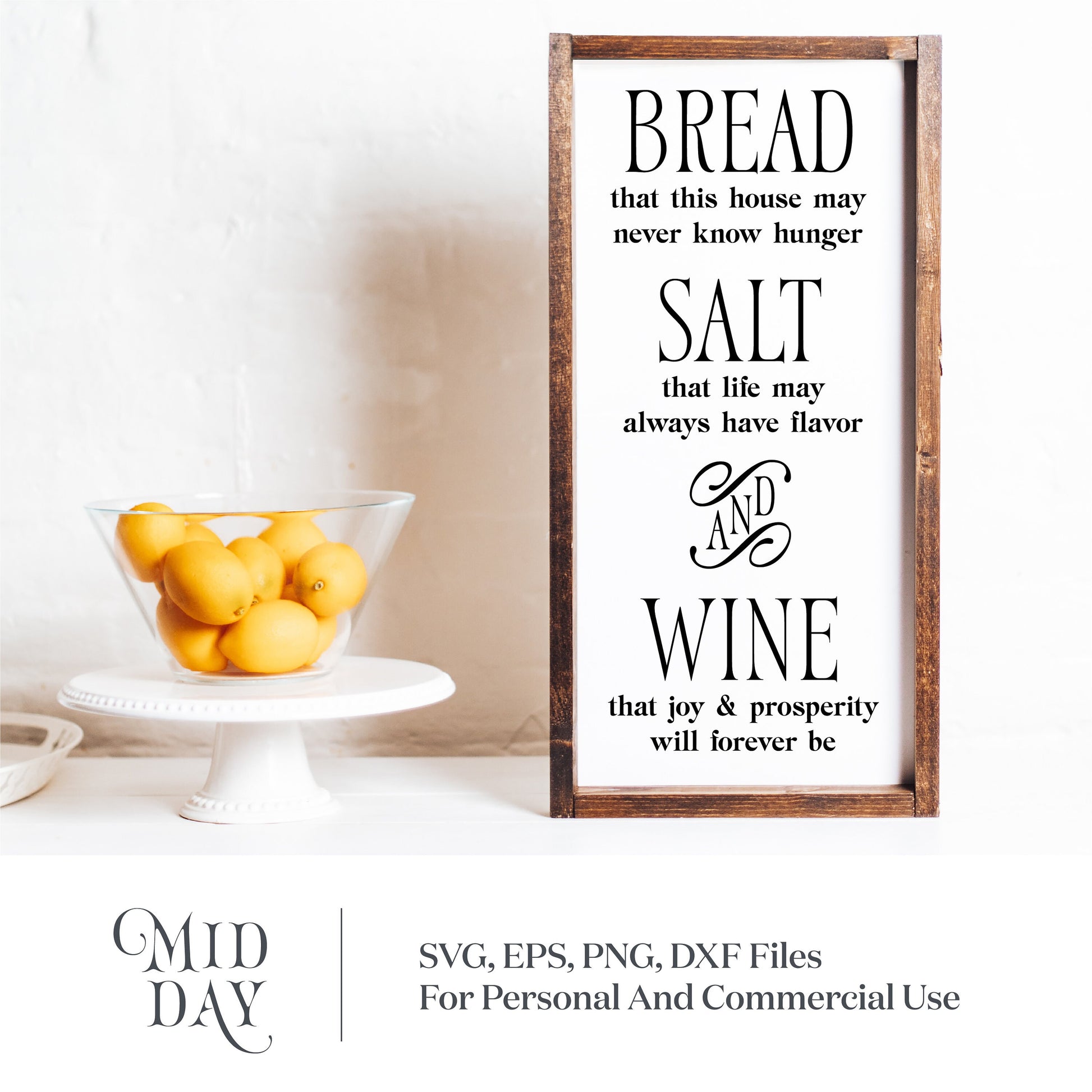 Bread Salt Wine kitchen art SVG sign with lemons in bowl, suitable for Cricut, Silhouette, and more; includes SVG, EPS, PNG, DXF files.