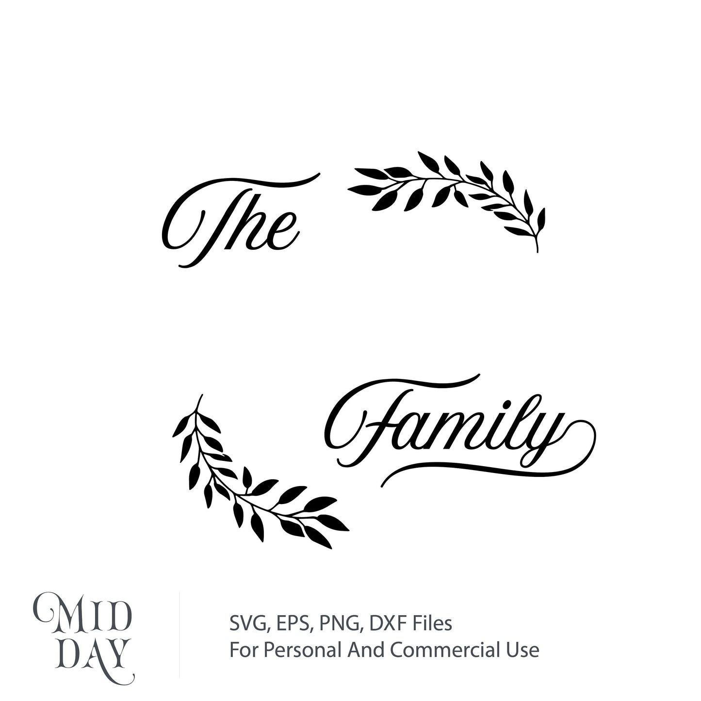 Elegant family sign SVG with decorative leaves, available for home decor and crafts in SVG, DXF, PNG, EPS formats.