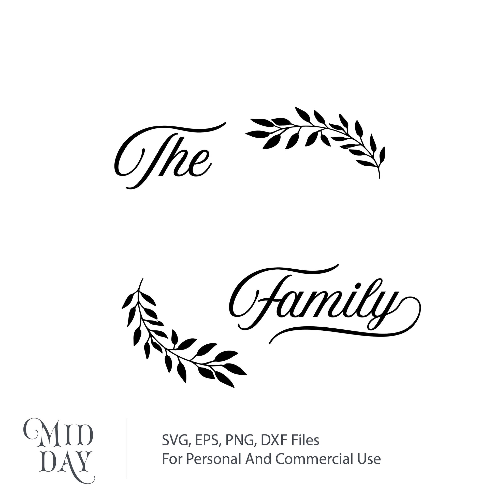 Elegant family sign SVG with decorative leaves, available for home decor and crafts in SVG, DXF, PNG, EPS formats.