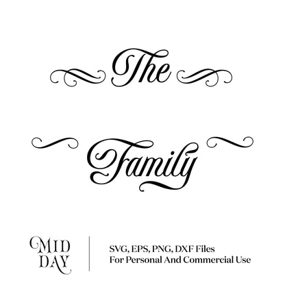 Elegant family name sign SVG in cursive script with decorative swirls, perfect for home decor and crafting projects.