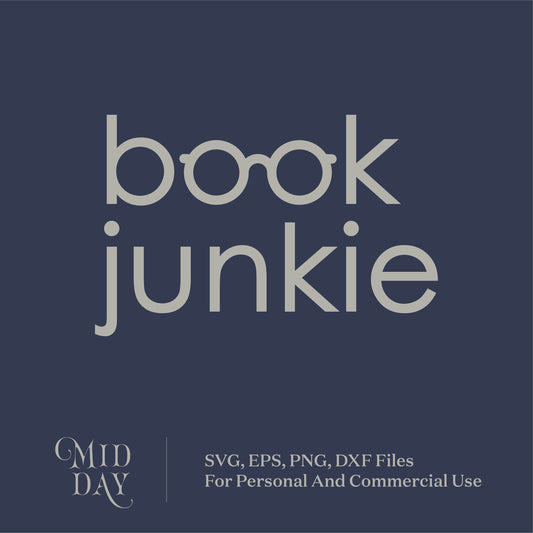 Book Junkie SVG design in navy background for digital download in SVG, EPS, PNG, and DXF formats.
