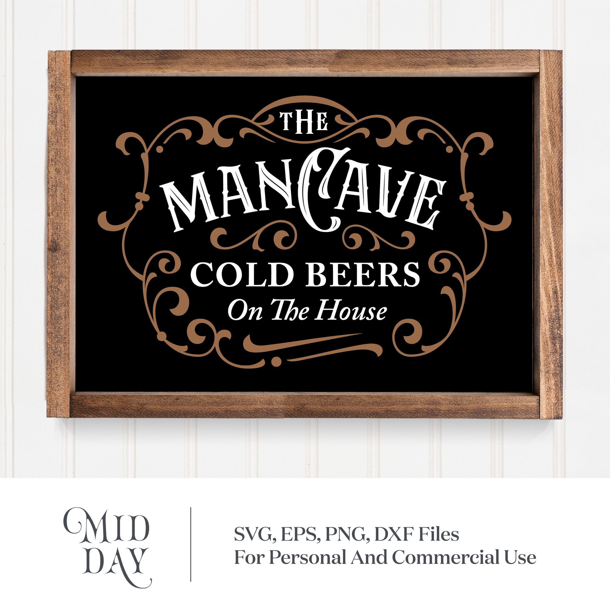 Vintage man cave sign SVG with 'Cold Beers On The House' text, ideal for Father's Day gifts and garage decor, includes SVG, DXF files.
