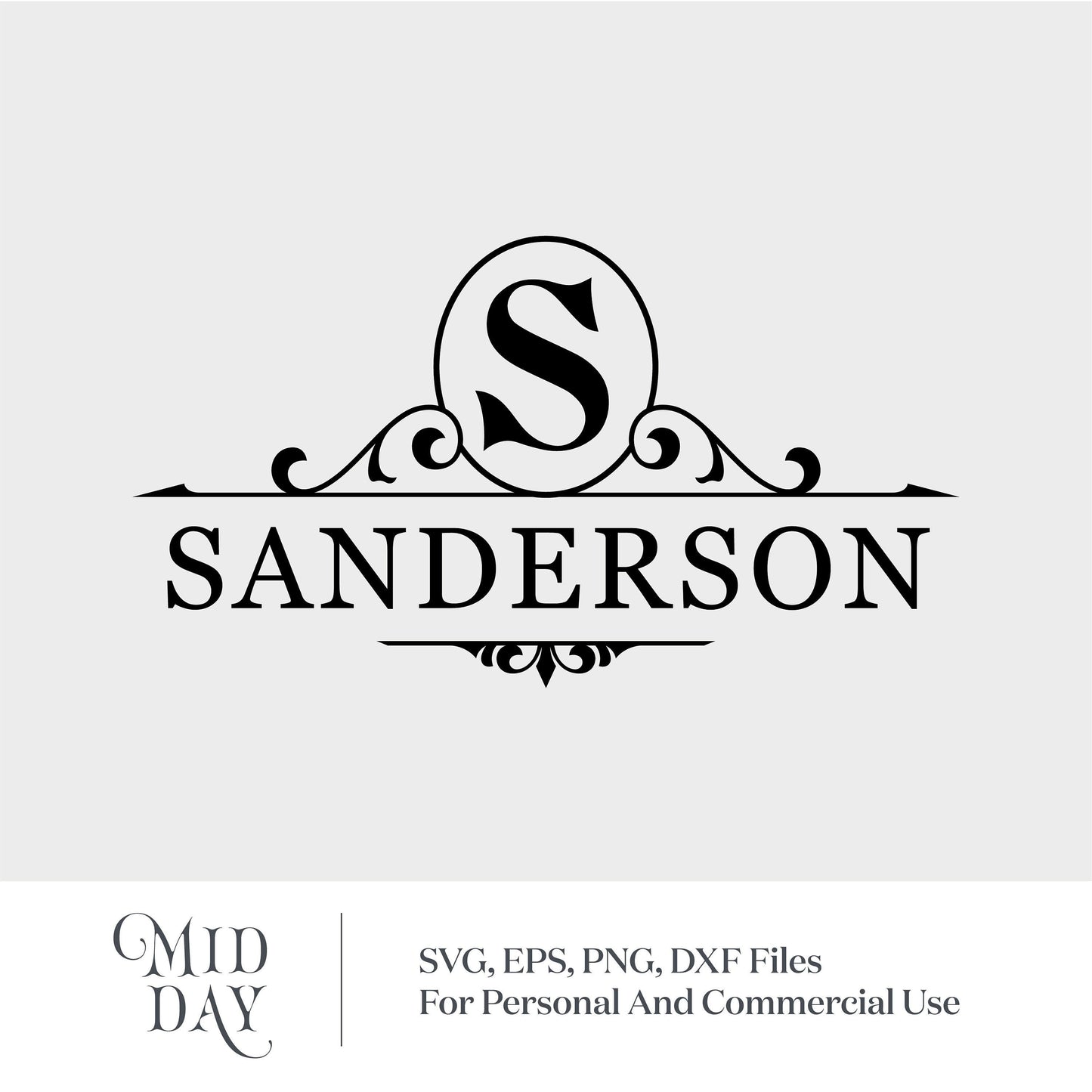 S Monogram with split letter design featuring the name Sanderson for personalized SVG projects.