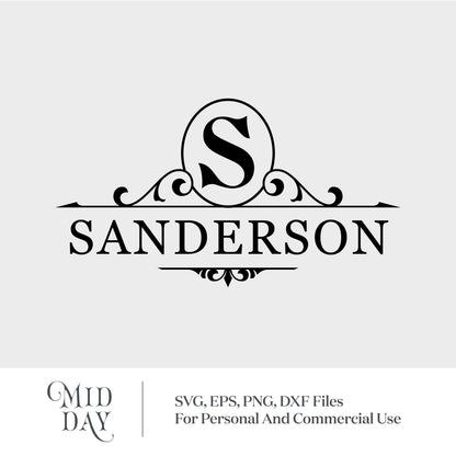 S Monogram with split letter design featuring the name Sanderson for personalized SVG projects.